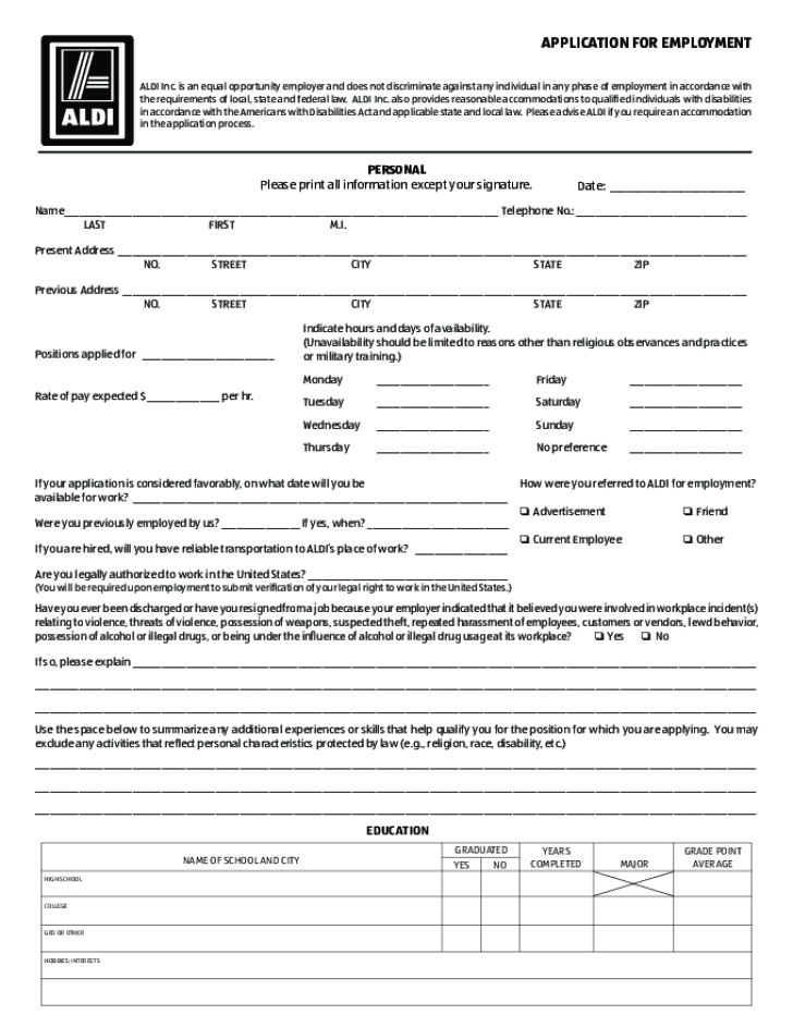 Free Printable ALDI Job Application Form