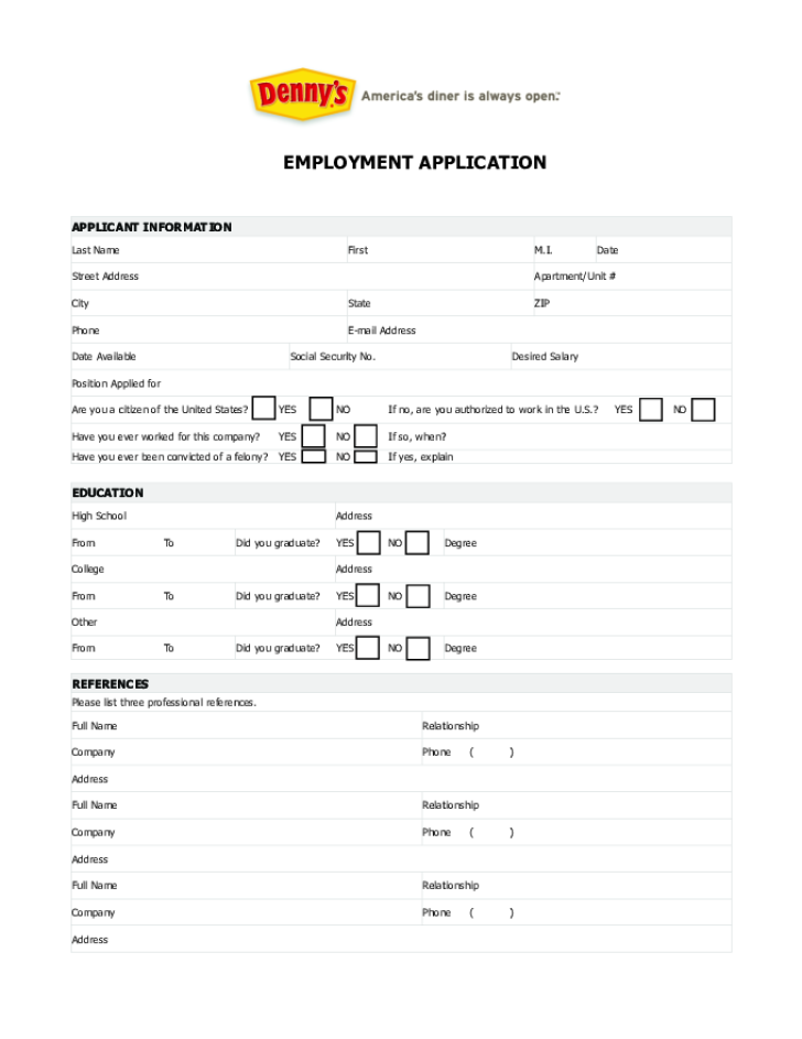 Free Printable Denny s Job Application Form