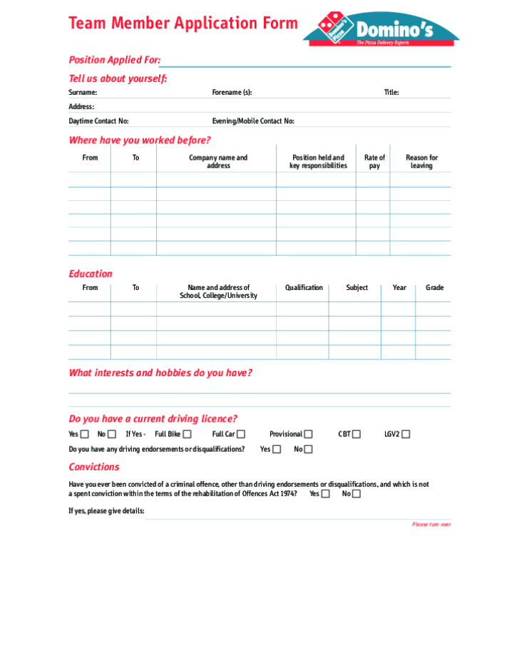Free Printable Domino s Job Application Form