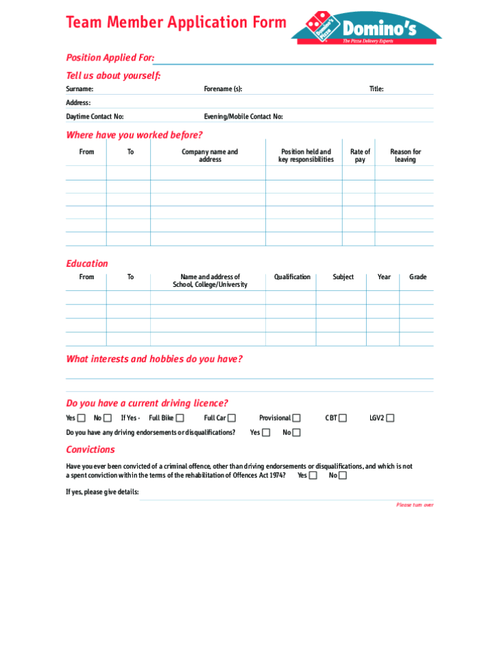 Dominos Printable Job Application Printable Application