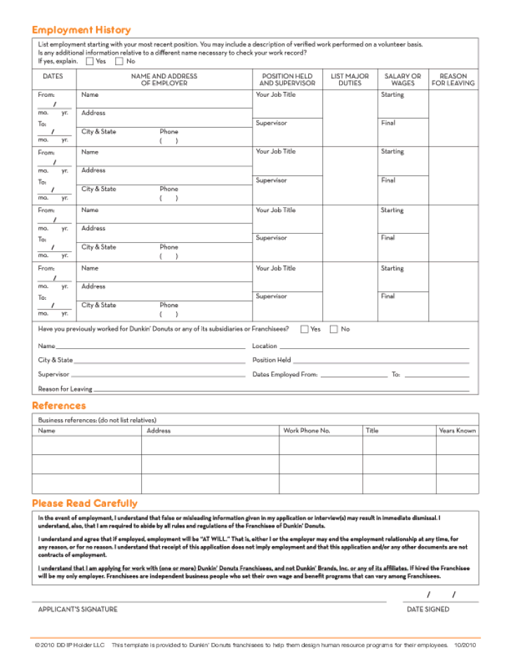 Free Printable Dunkin Donuts Job Application Form Page 2