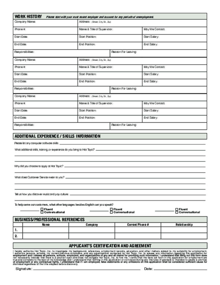 Free Printable Hot Topic Job Application Form Page 2