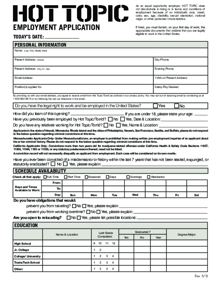 Free Printable Hot Topic Job Application Form