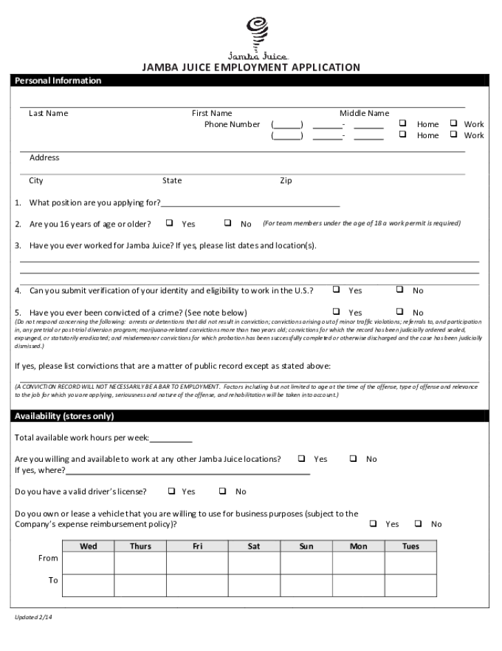 Free Printable Jamba Juice Job Application Form
