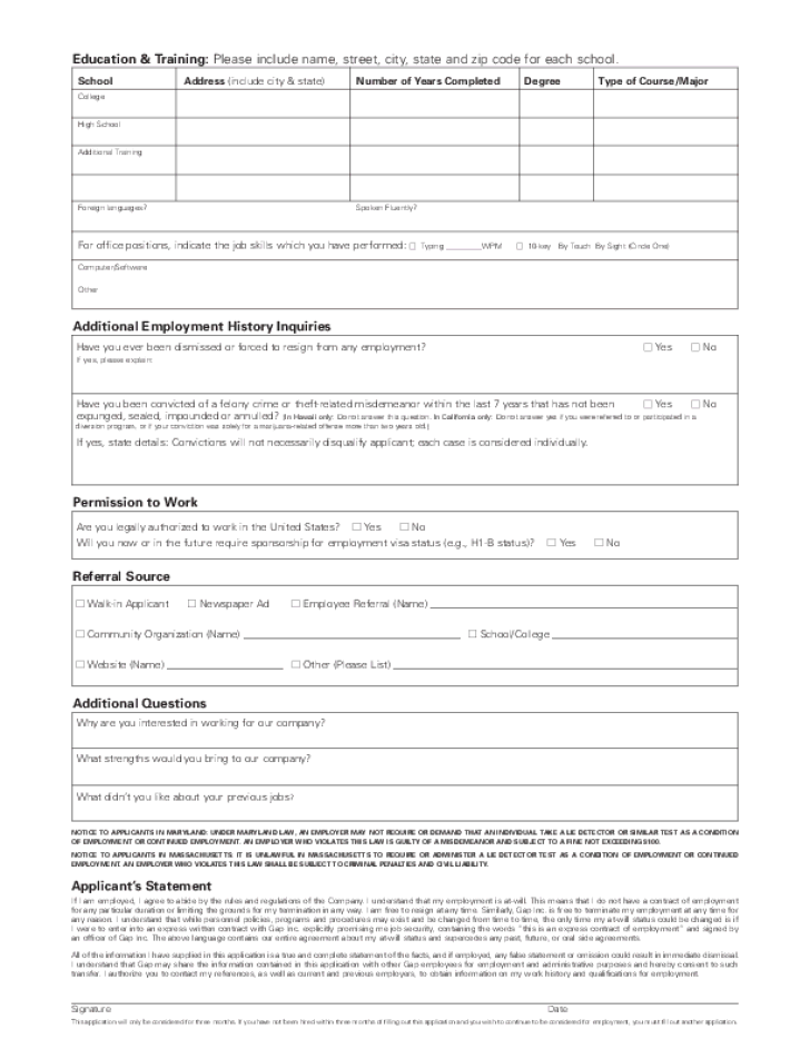 Free Printable Old Navy Job Application Form Page 2