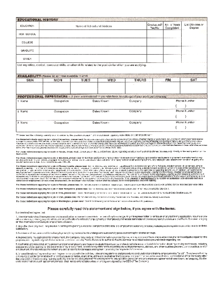 Free Printable PacSun Job Application Form Page 2