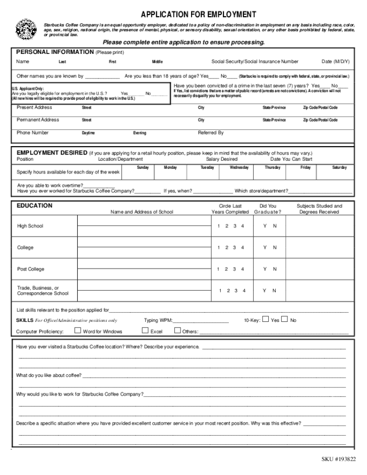 Free Printable Starbucks Job Application Form