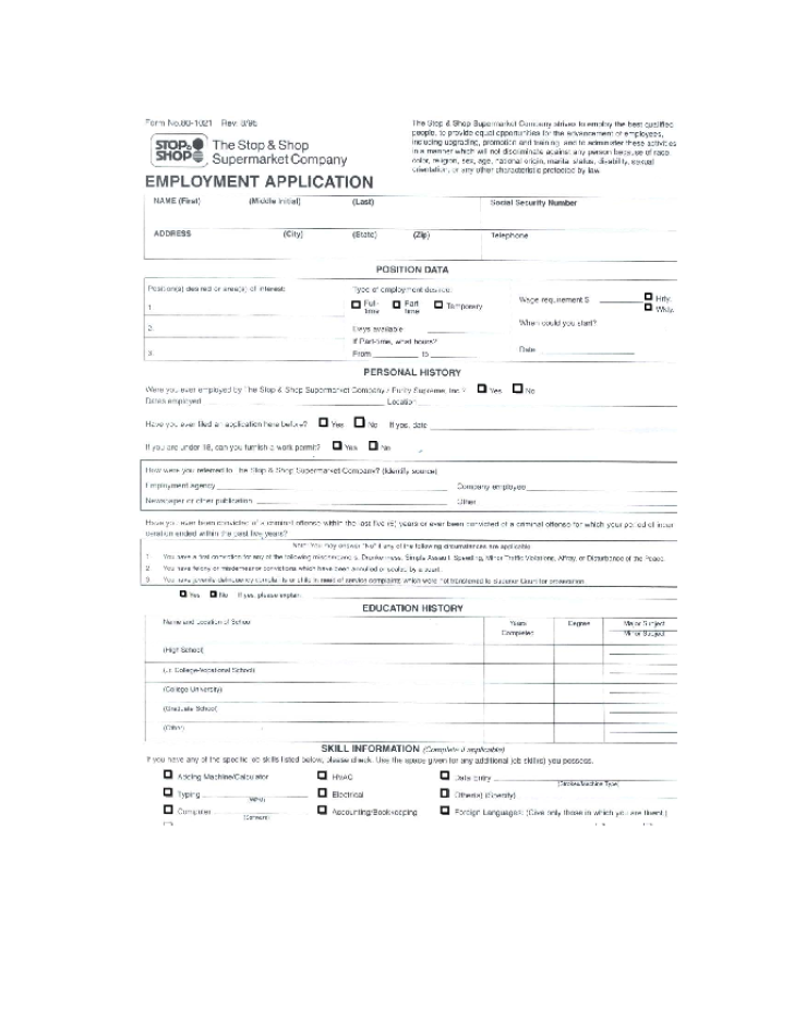 Free Printable Stop And Shop Job Application Form
