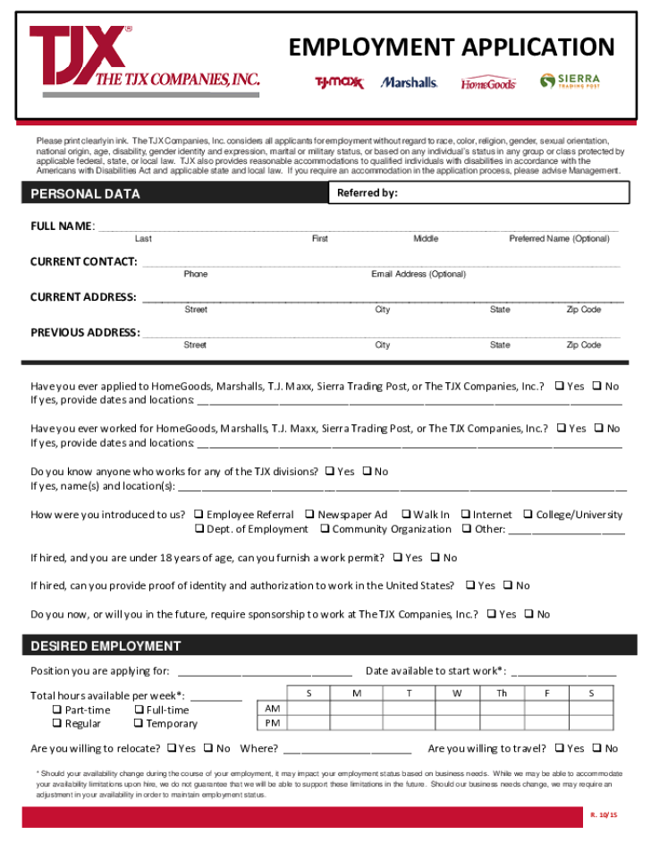 Free Printable T J Maxx Job Application Form