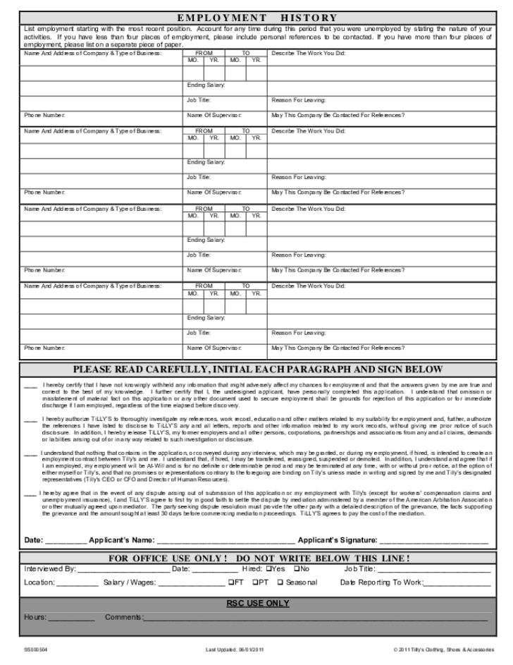 Free Printable Tilly s Job Application Form Page 2