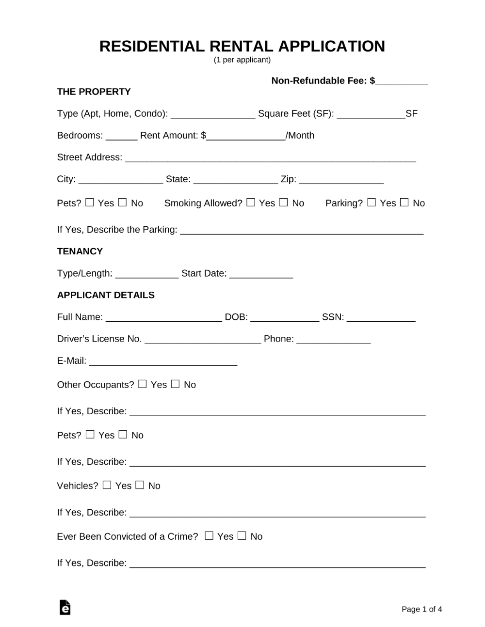 Free Rental Application Form PDF Rental Application Rental