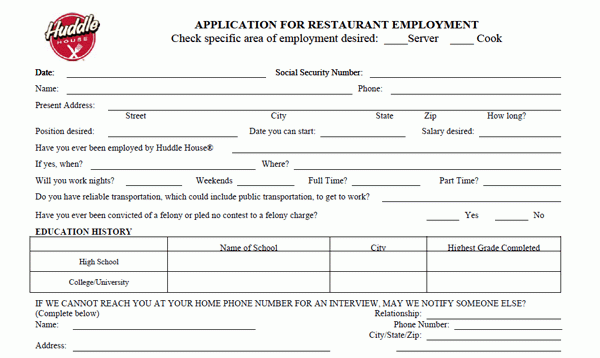 Huddle House Application PDF Print Out