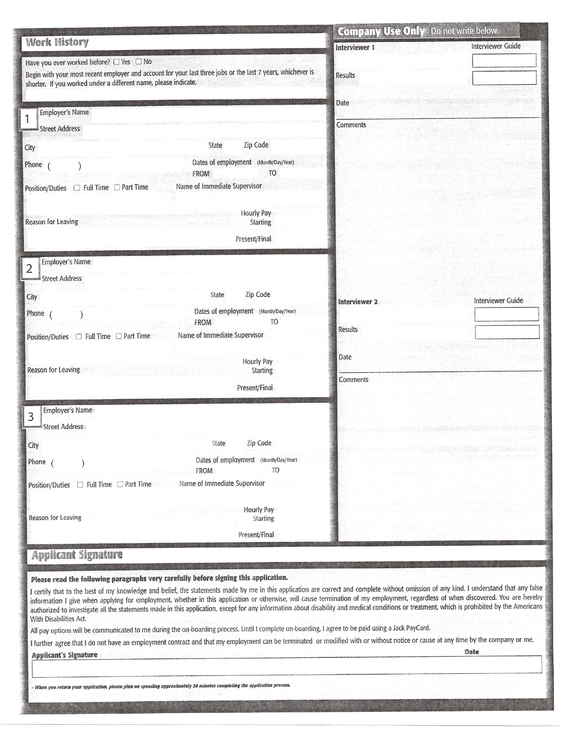 Jack In The Box Part Time Job Application Form Free Download