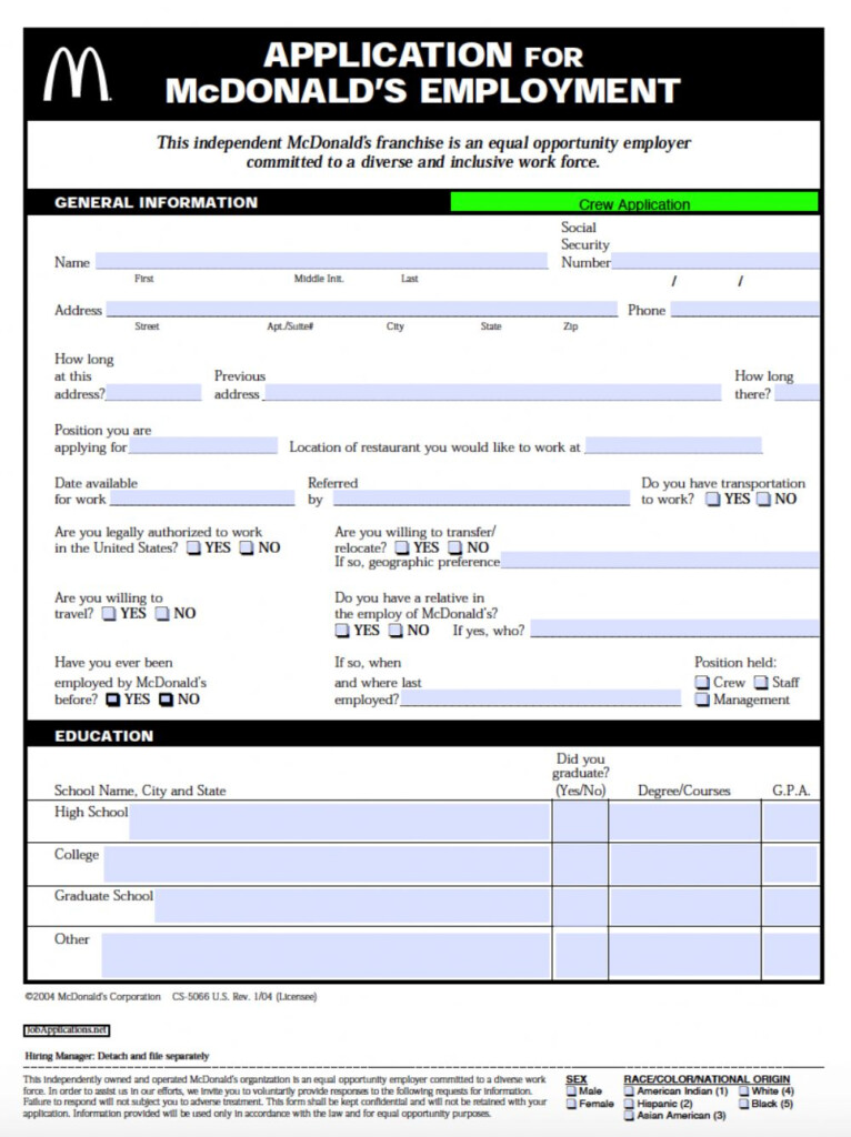 McDonalds Job Application Worksheet