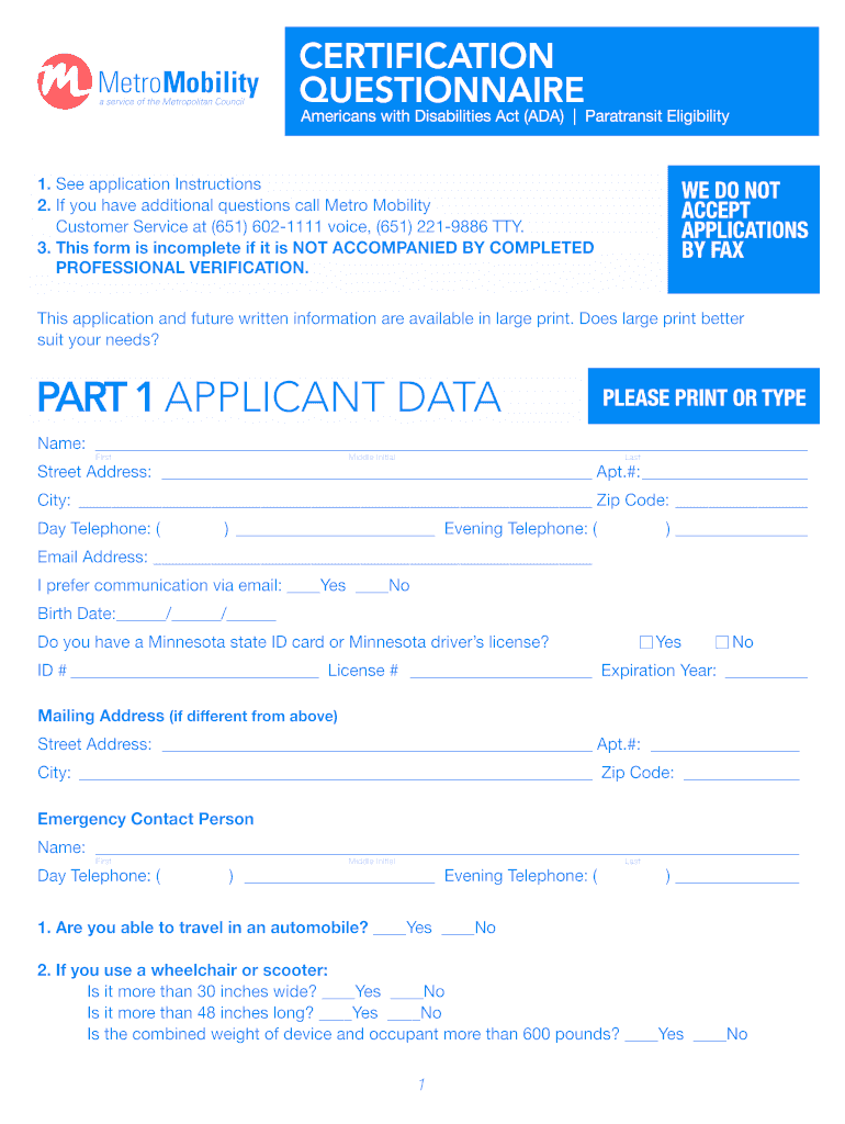 Metro Mobility Application Fill Online Printable Fillable Blank