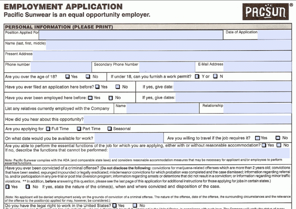Pacific Sunwear PacSun Application PDF Print Out
