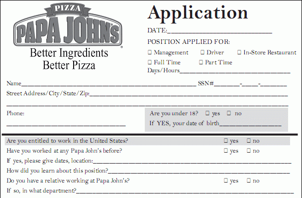 Papa John s Application PDF Print Out