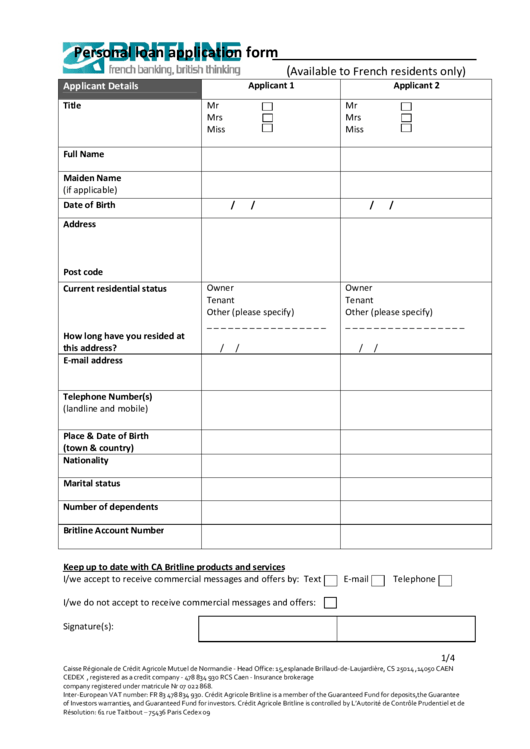 Personal Loan Application Form Printable Pdf Download