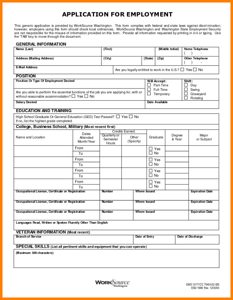 Printable Generic Job Application Form Template Business PSD Excel 