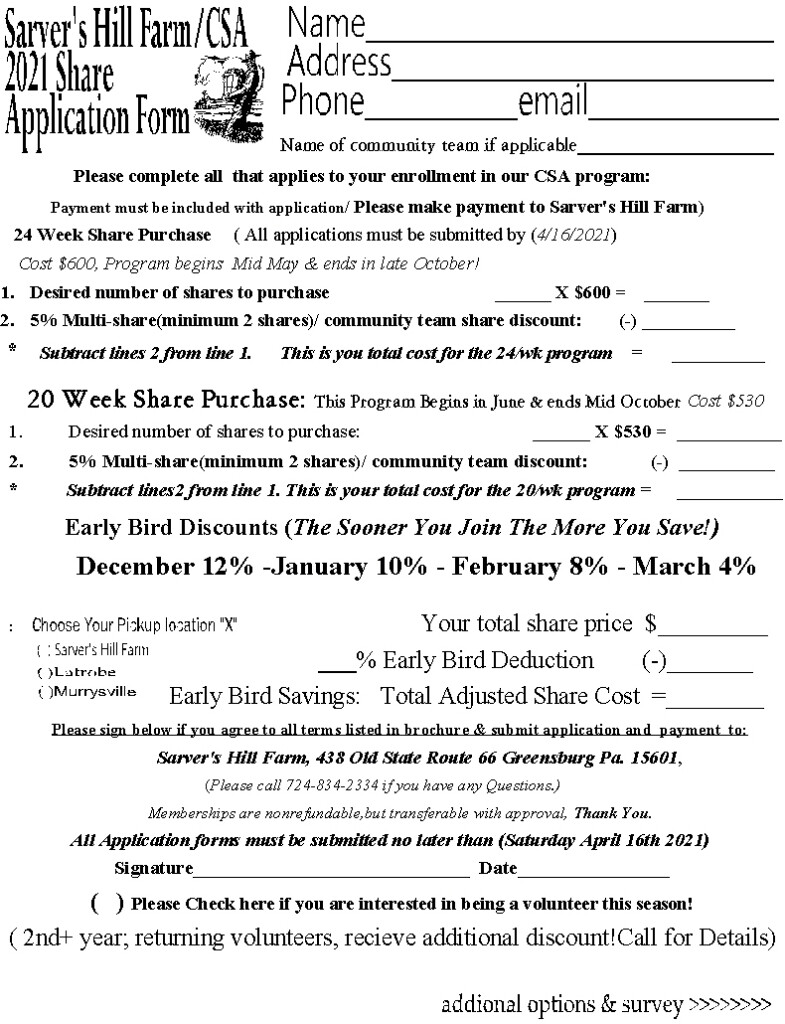 Sarver Hill Farm CSA CSA Application Page click Here For Printable 