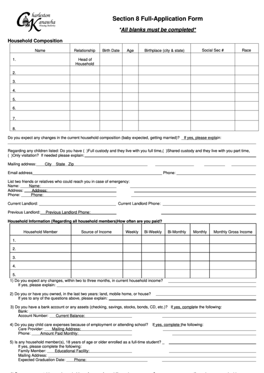 Section 8 Full Application Form Charleston Kanawha Housing Printable 