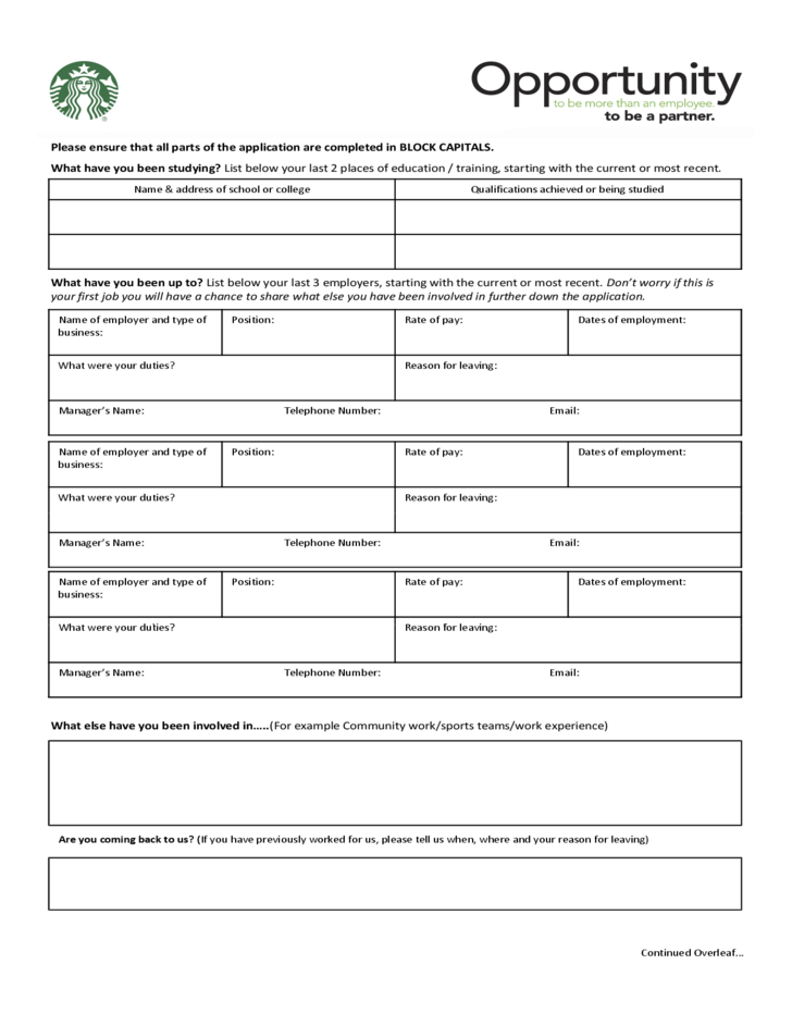 Starbucks Application Form UK Free Download