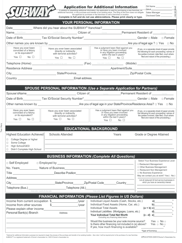 Subway Application Form Fill Online Printable Fillable Blank 