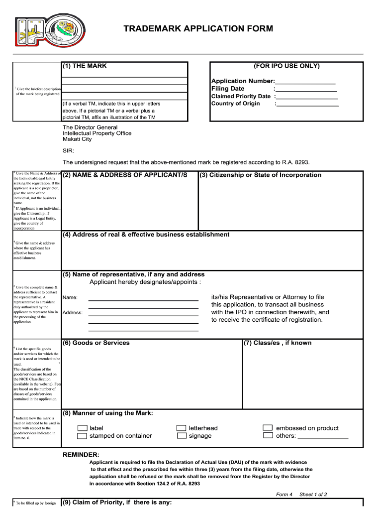 Trademark Application Form Fill Out And Sign Printable PDF Template 